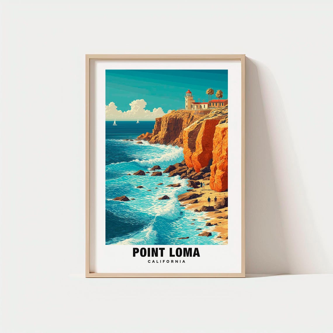 Point Loma California Lighthouse Red Cliffs Ocean Waves Poster