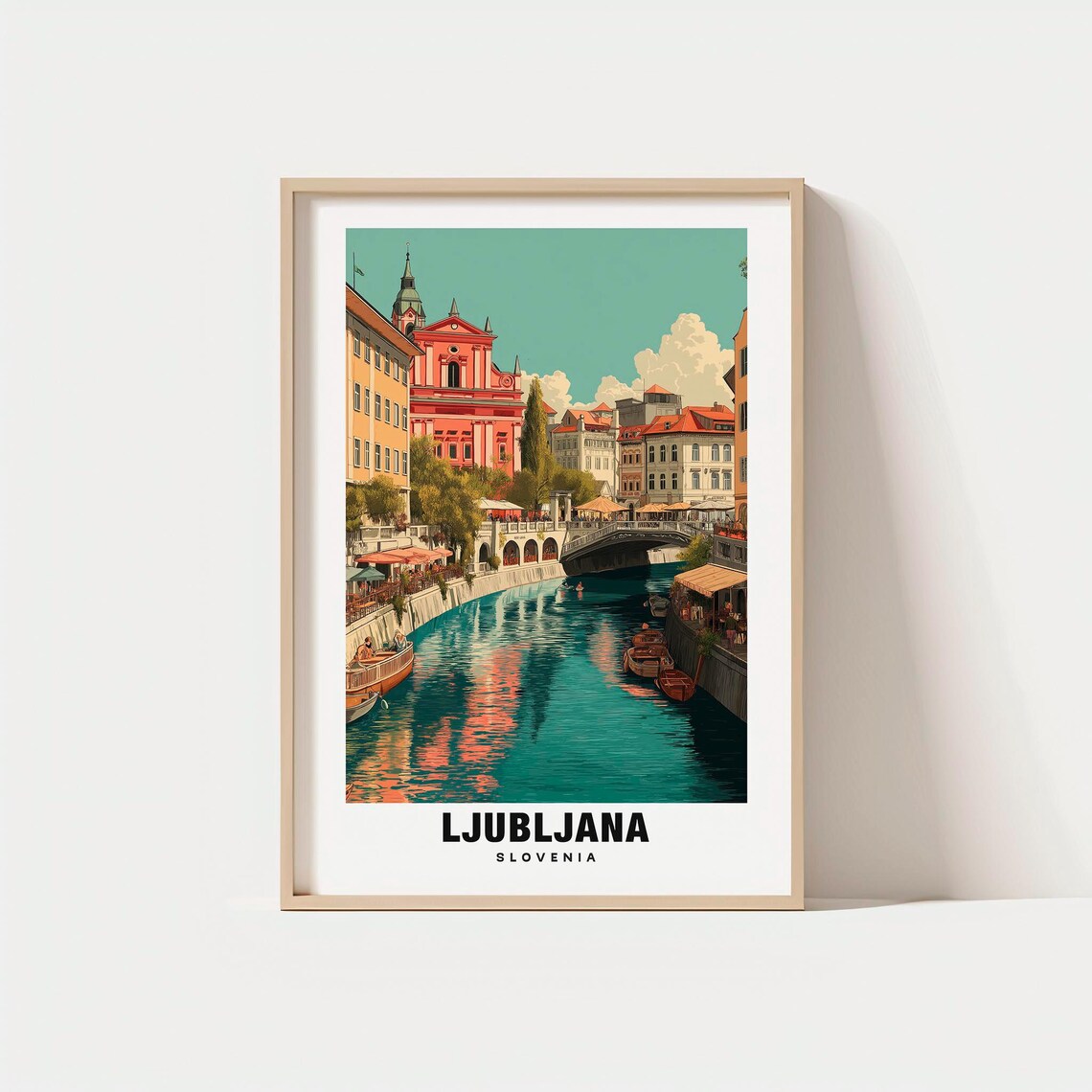 Ljubljana Slovenia Riverside Old Town and Pink Church Poster