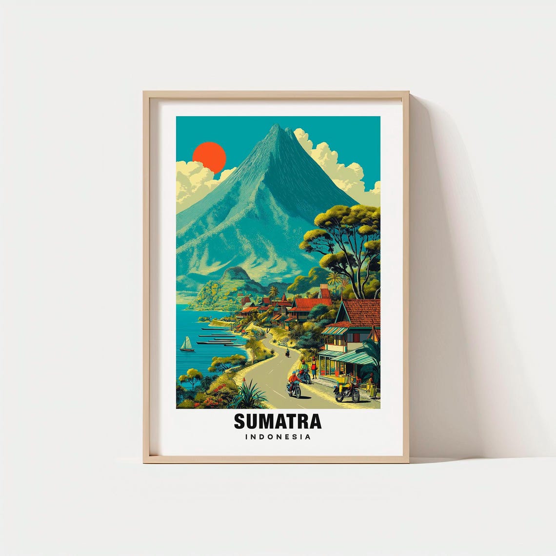 Sumatra Indonesia Great Volcano Lake Village Red Sun Travel Poster