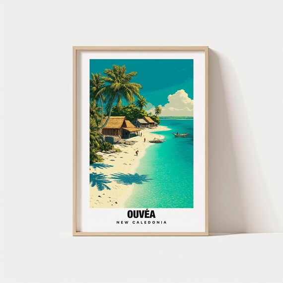 Ouvéa New Caledonia Tropical Beach with Thatched Huts and Canoes Poster
