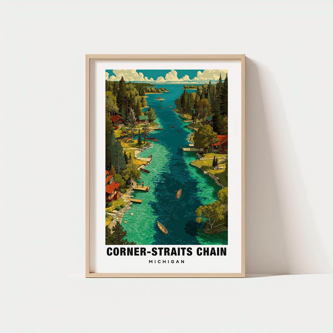 Corner Straits Chain Michigan Aerial Narrow Lake Chain Cabins Poster