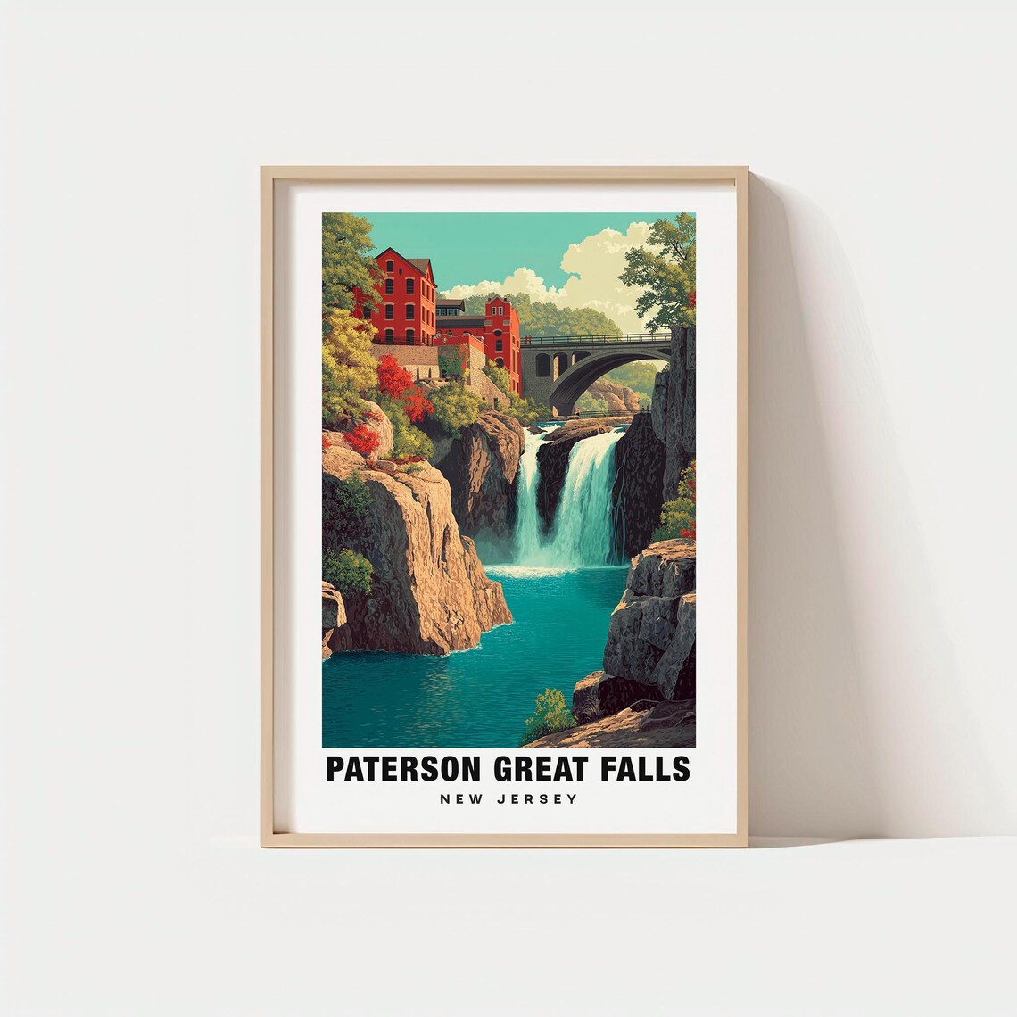 Paterson Great Falls New Jersey Travel Poster with Mill and Bridge Views