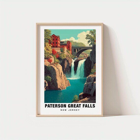 Paterson Great Falls New Jersey Travel Poster with Mill and Bridge Views