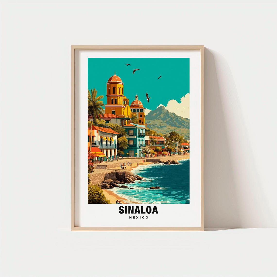 Sinaloa Mexico Coastal Town Church Towers Beachfront Scene Poster