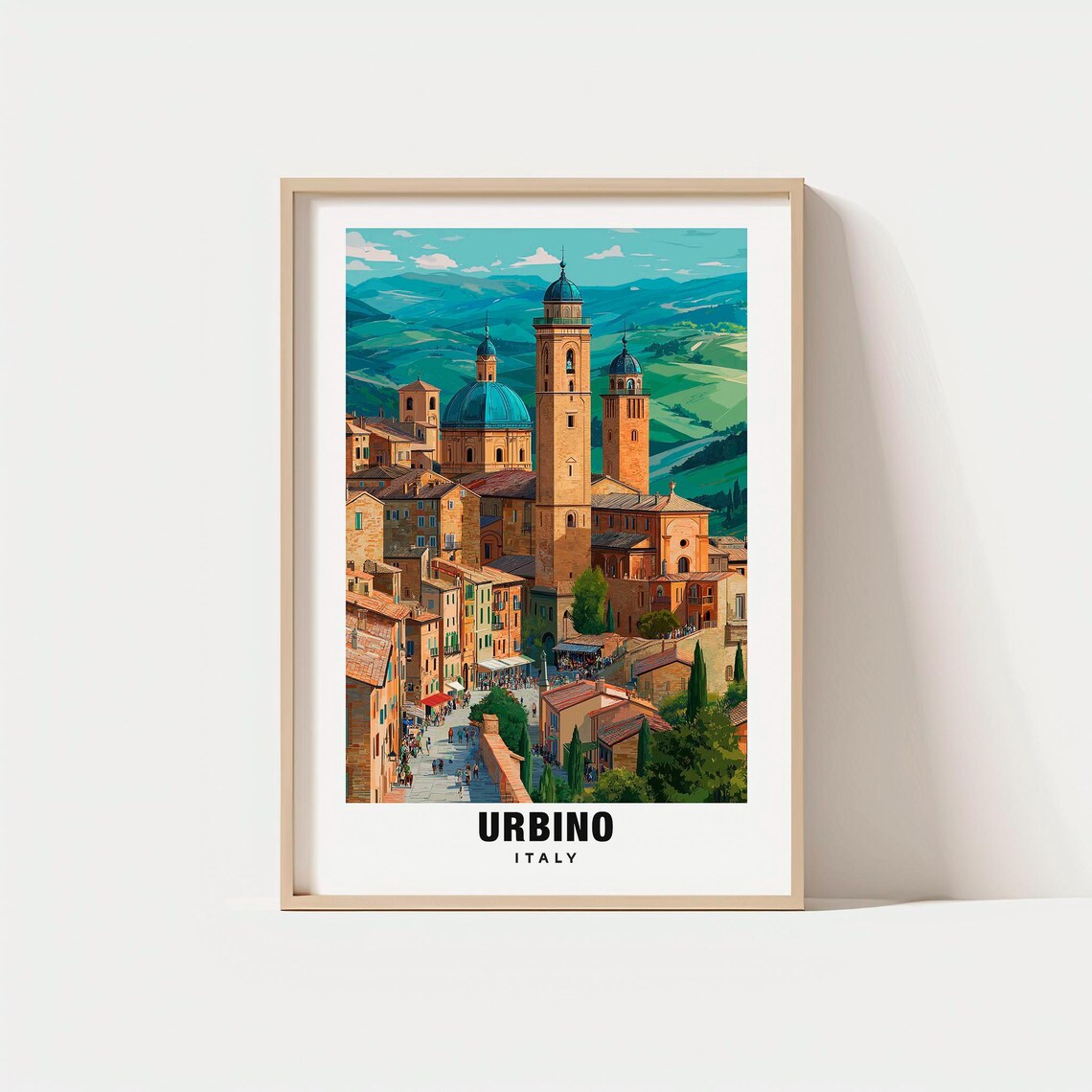 Urbino Italy Hilltop City Travel Poster with Towers and Green Hills