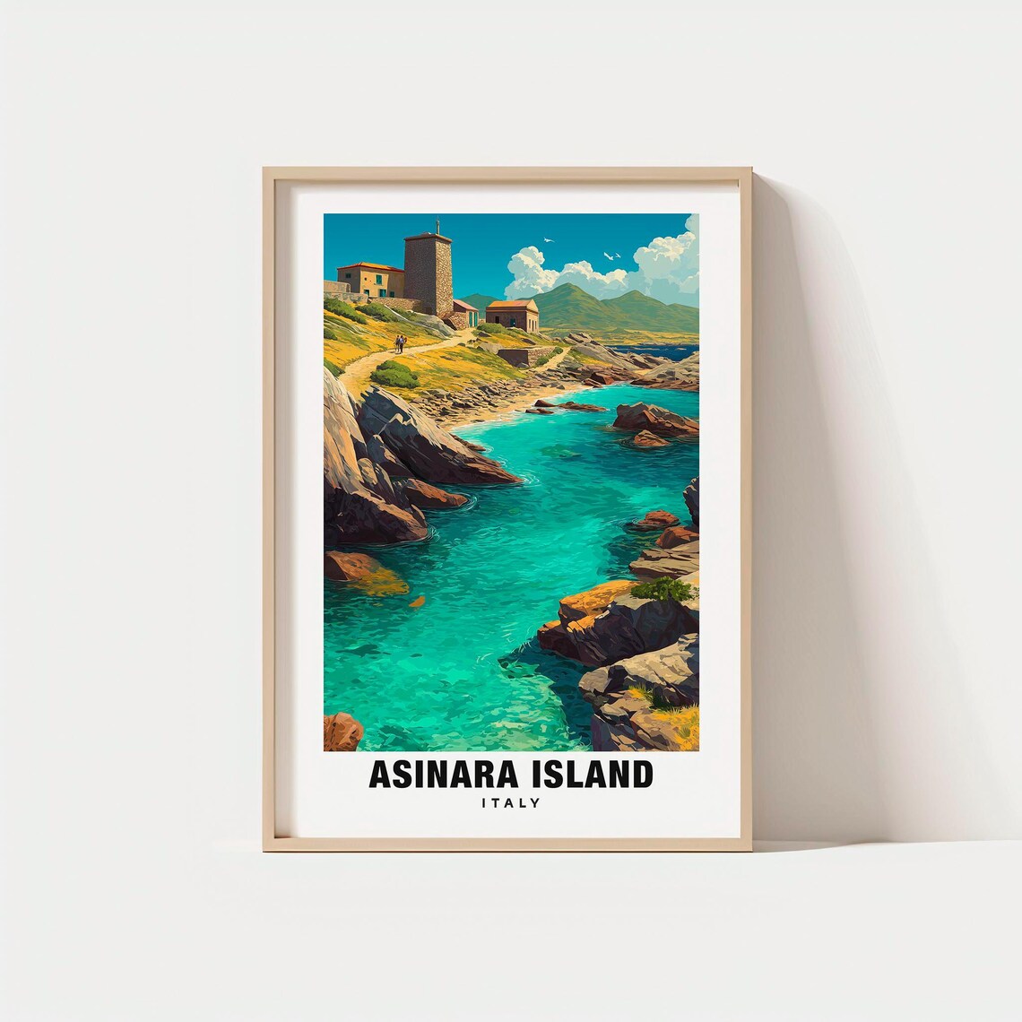 Asinara Island Italy Rocky Cove Turquoise Water Historic Tower Poster