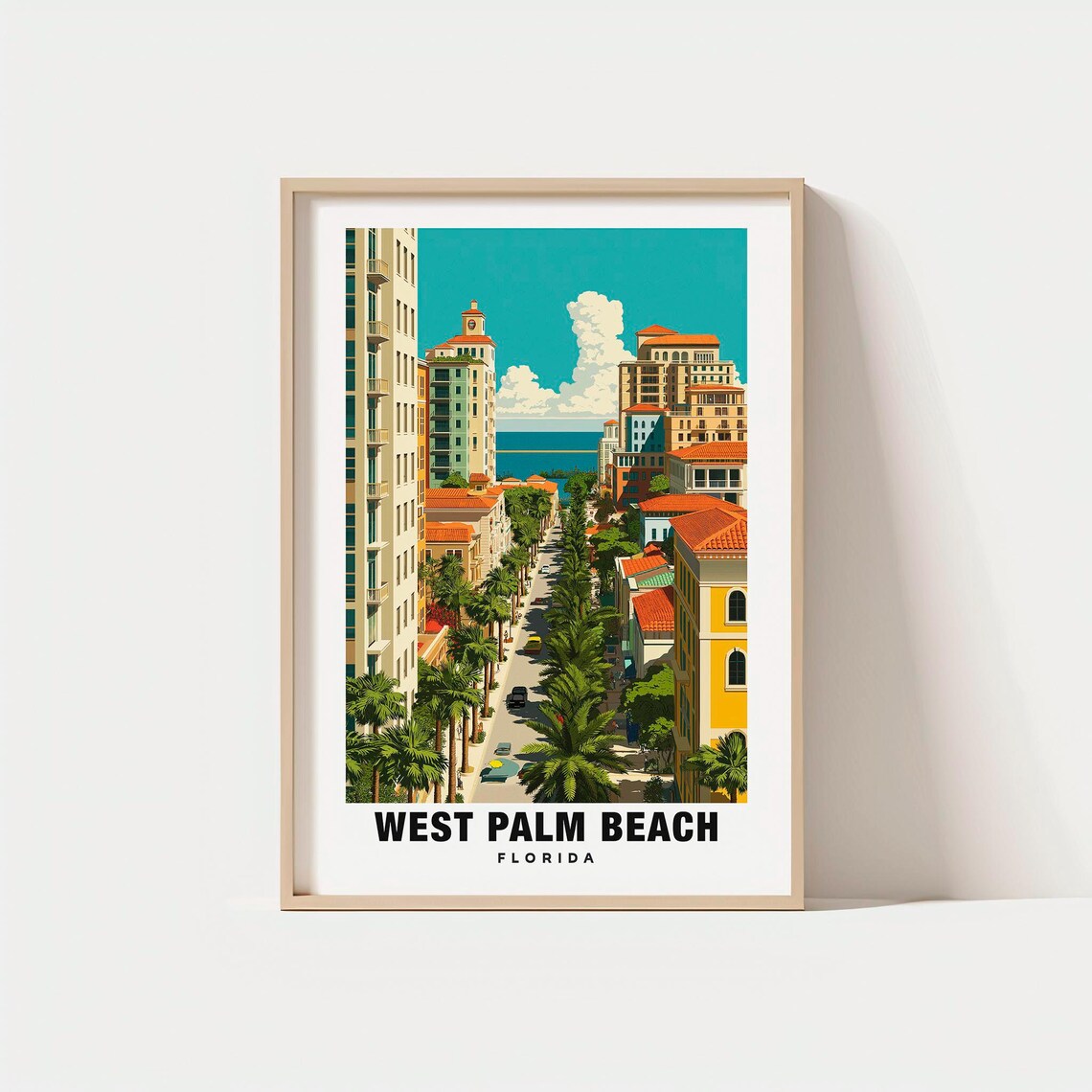 West Palm Beach Florida Palm Lined Downtown Retro Travel Poster