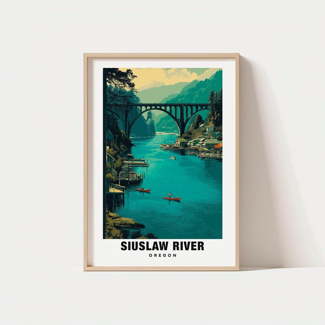 Siuslaw River Oregon Arched Bridge Kayaks Coastal Village Poster