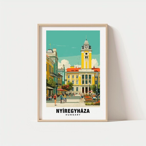 Nyiregyhaza Hungary Historic City Square Street Scene Travel Poster