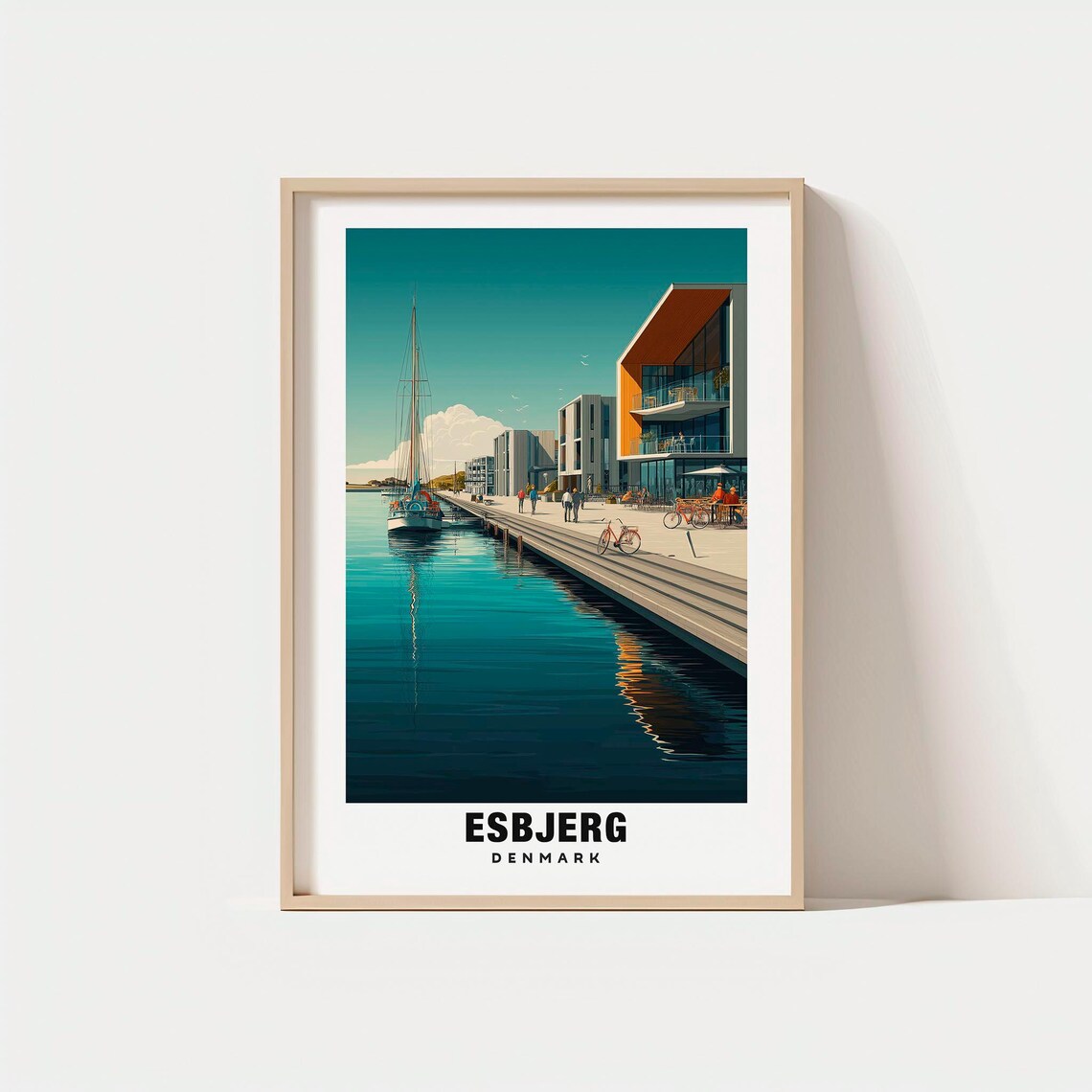 Esbjerg Denmark Modern Harbor Promenade Sailboat Travel Poster