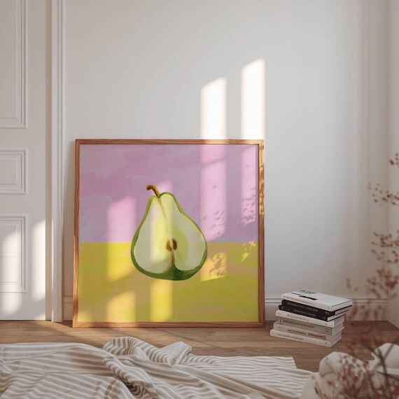 Watercolor Halved Pear On Pink And Yellow Background Art Poster