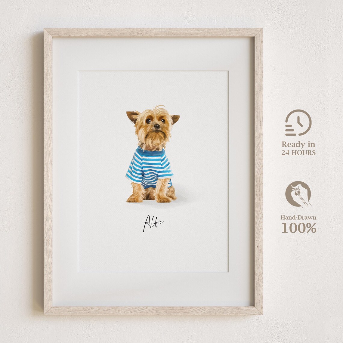 Yorkie in Striped Shirt Custom Pet Portrait Print Hand Drawn Alfie Art