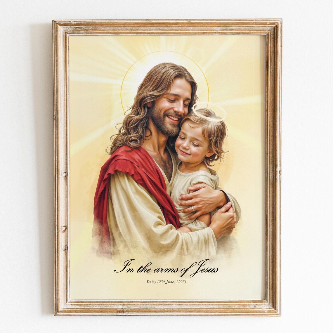 In the Arms of Jesus Child Memorial Portrait Print With Golden Halo