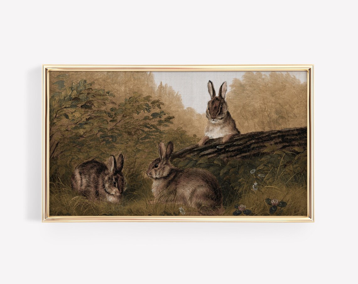 Three Woodland Rabbits Vintage Forest Wildlife Painting Poster