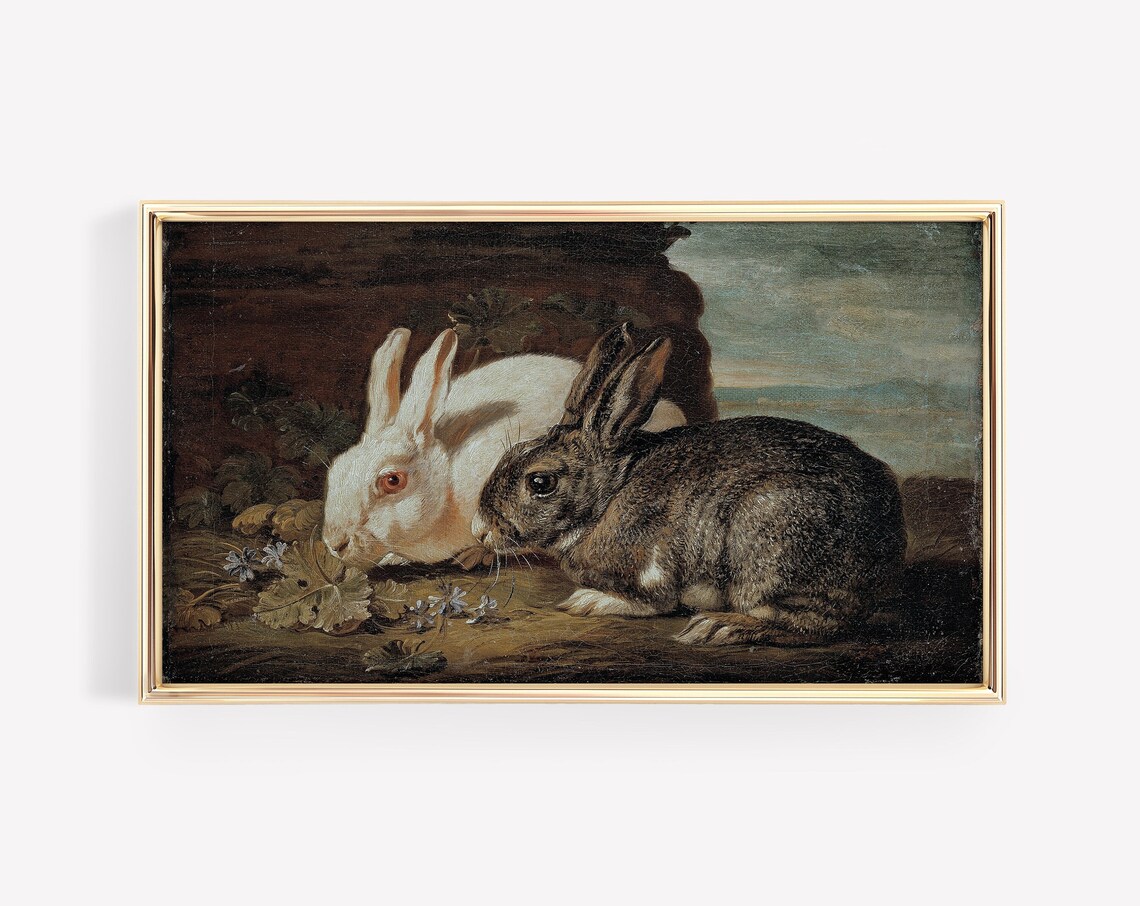Two Rabbits Vintage Dark Oil Painting Animal Nursery Art Poster