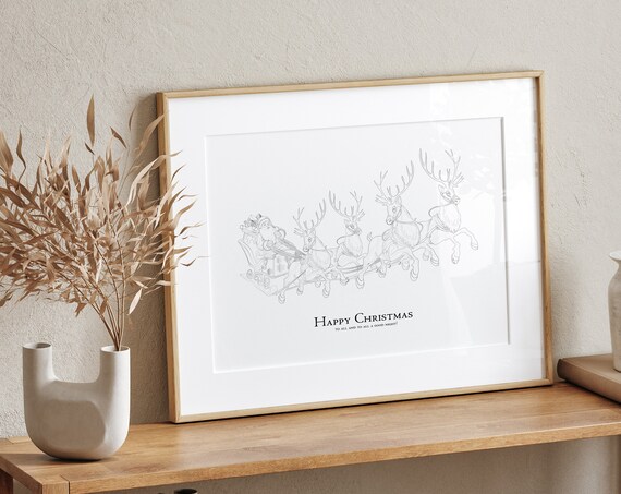 Santa Sleigh Reindeer Line Drawing Minimalist Christmas Poster