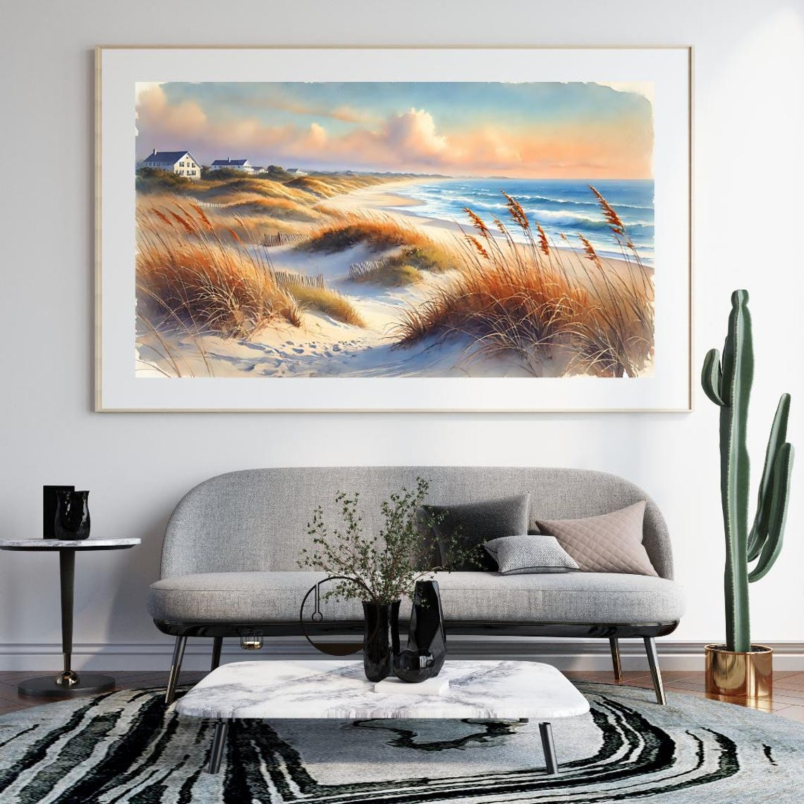 Coastal Beach Dunes Watercolor Ocean Sunrise Seaside Landscape Poster