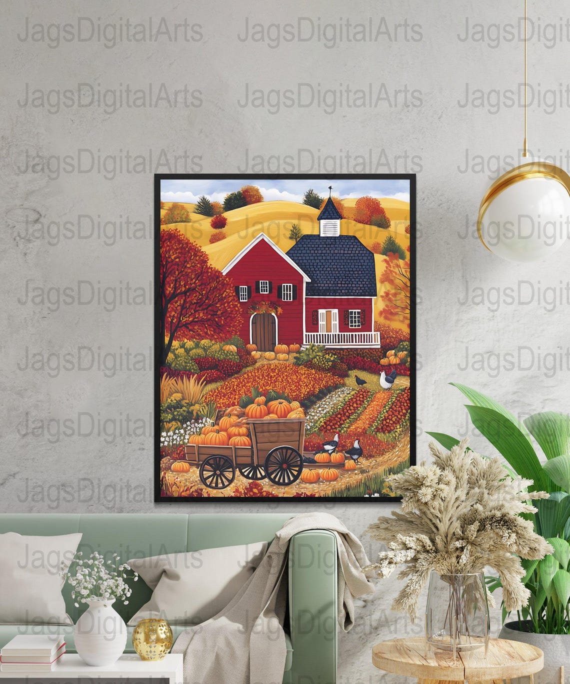 Fall Harvest Folk Art Red Barn Pumpkins Wagon Country Scene Poster - Image 4