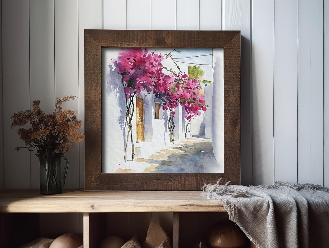 Bougainvillea Painting Santorini Watercolor Travel Poster - Image 2