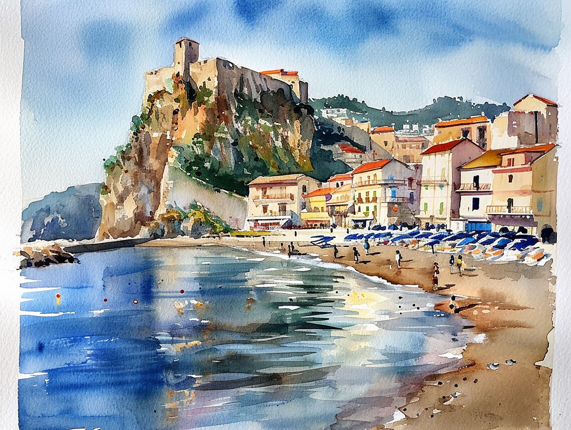 Scilla Beach Watercolor Art Print, Calabria