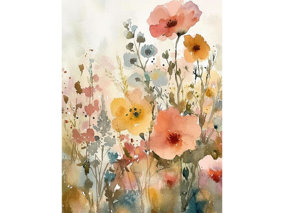 Wildflowers Watercolor Art Print, Spring Meadow