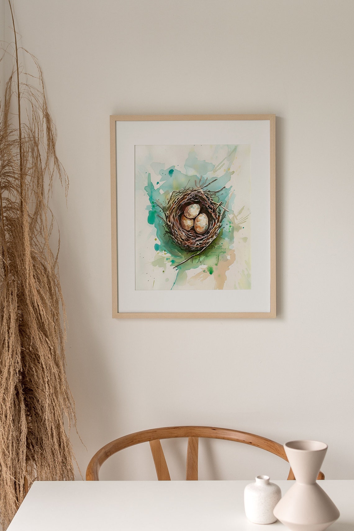 Watercolor Bird Nest Three Eggs Teal Splash Spring Art Poster - Image 5