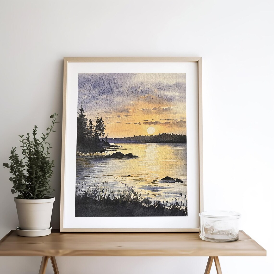 Golden Sunset Lake Pine Silhouette Shore Watercolor Nature Poster - Image 4
