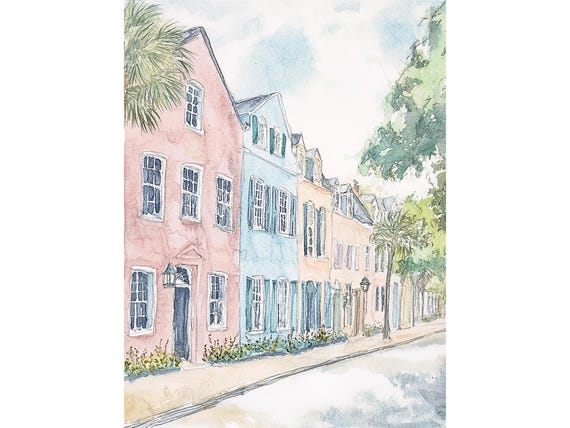 Rainbow Row Print Charleston Watercolor Art Print Cityscape Art Print South Carolina Painting Street Scene Wall Art