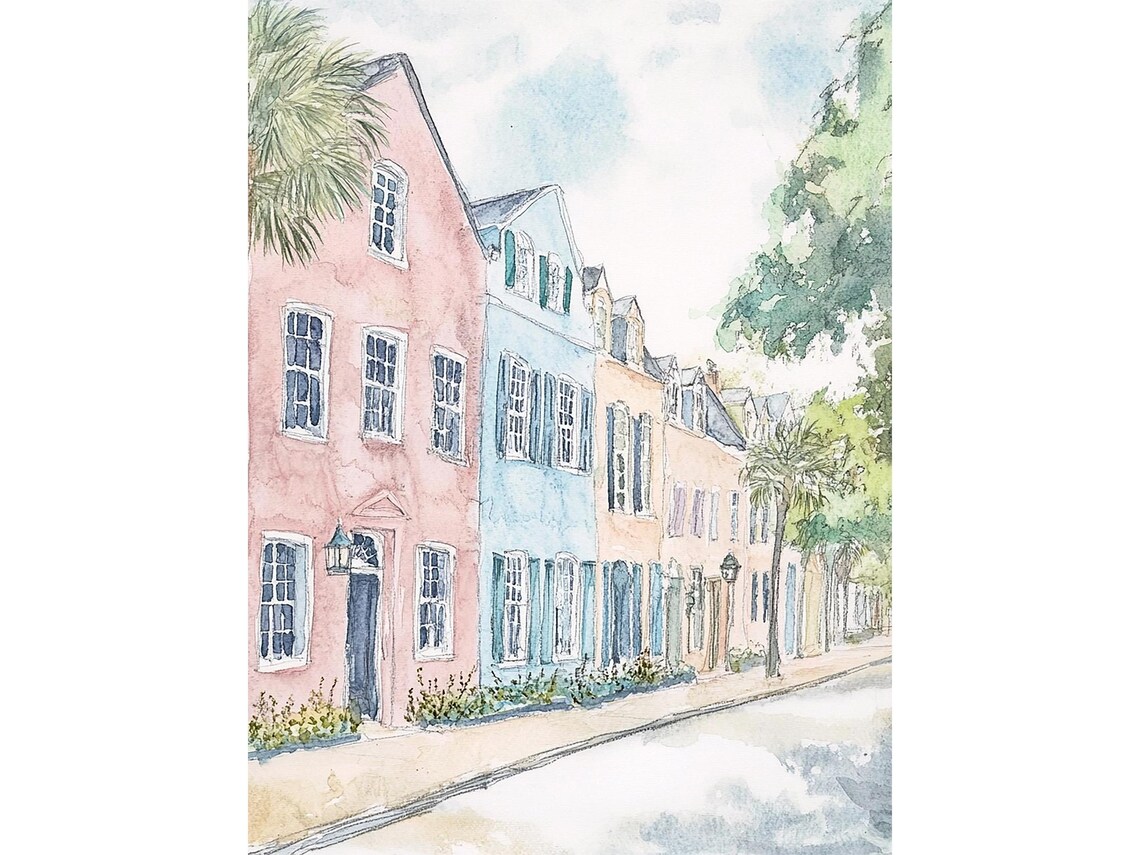 Charleston Rainbow Row Pastel Row Houses Watercolor Cityscape Poster