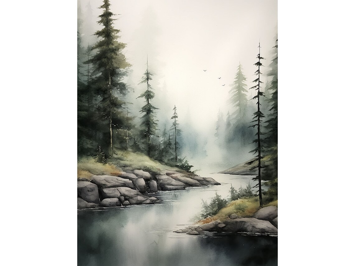 Lochsa River Watercolor Art Print, Idaho Forest