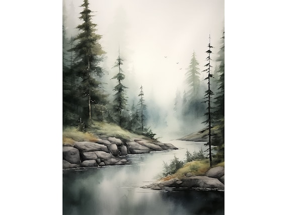 Lochsa River Watercolor Art Print, Idaho Forest