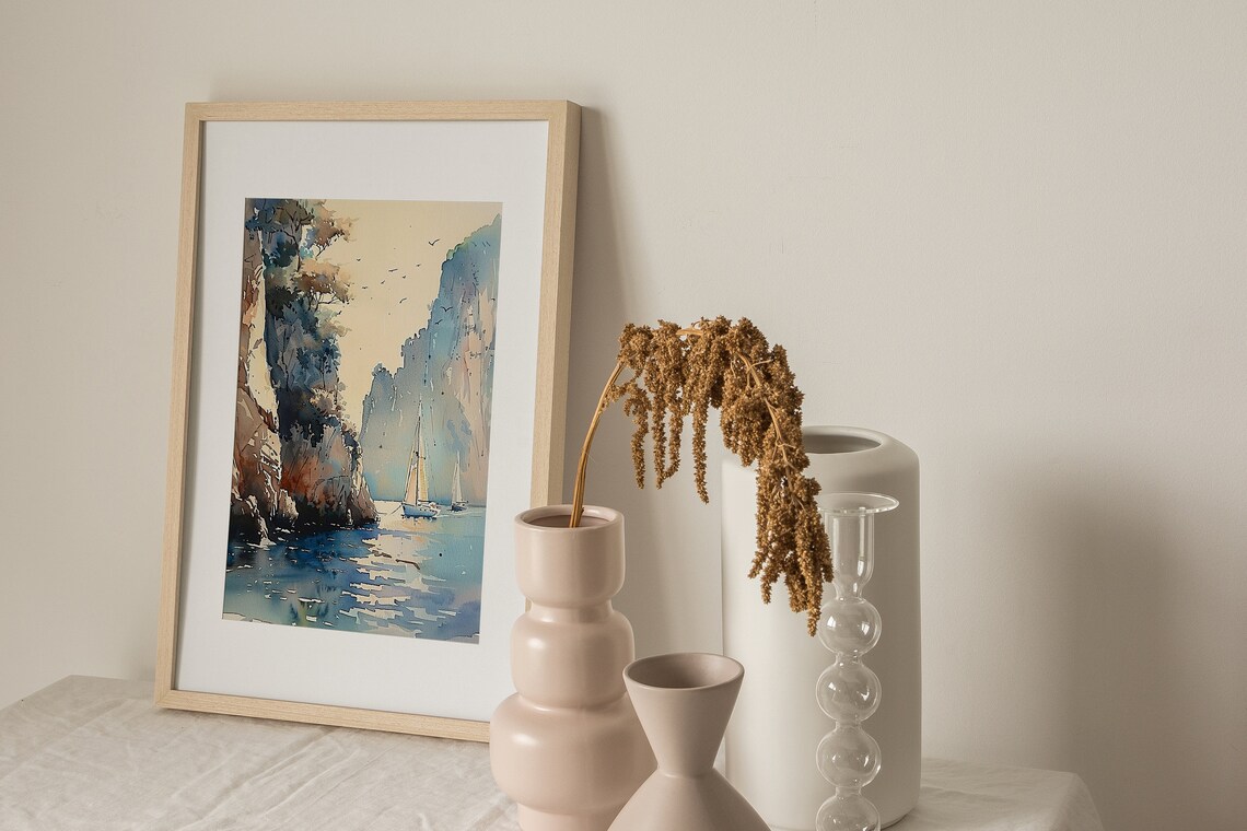Crete Greek Watercolor Sailboat Seascape Art Print - Image 4