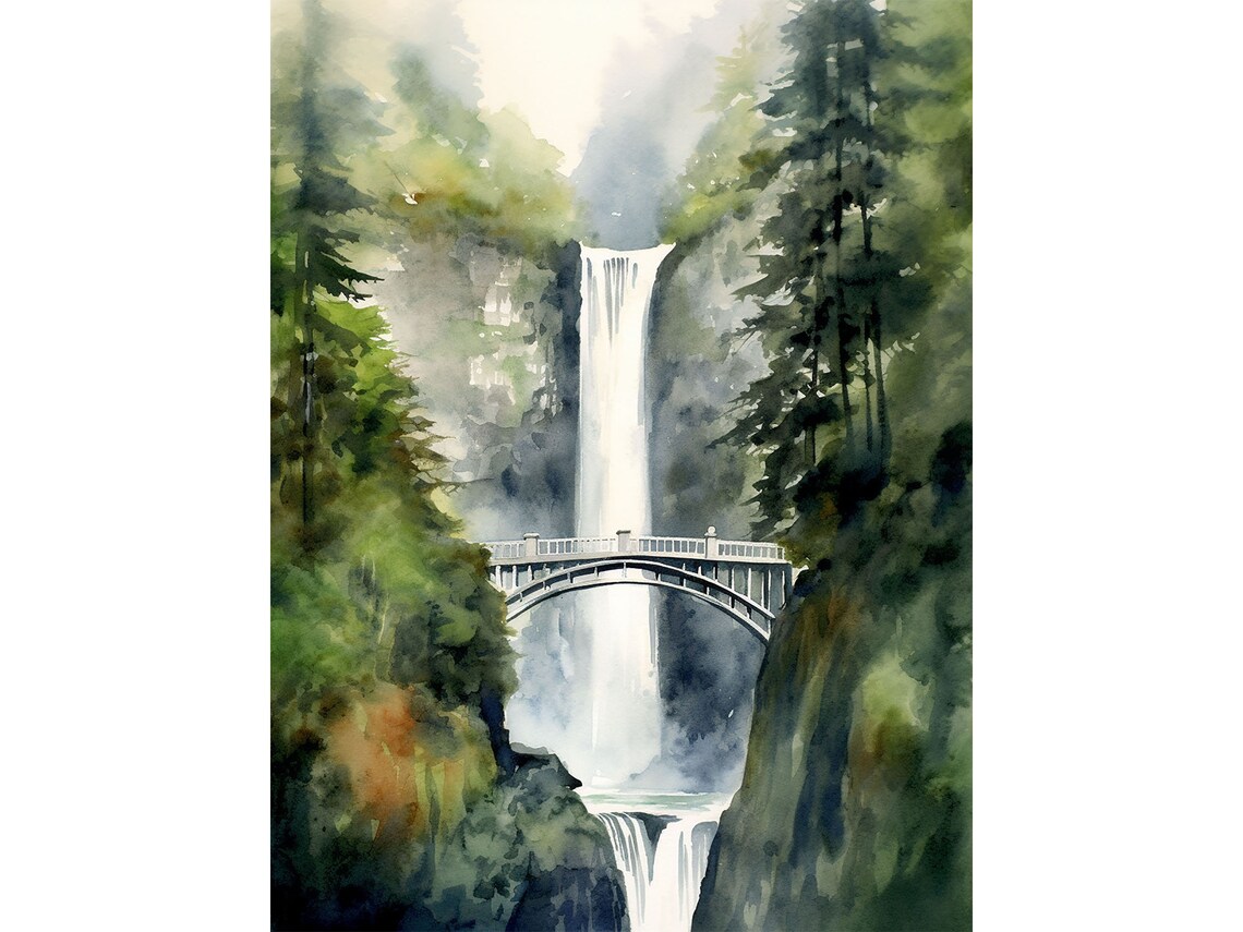 Multnomah Falls Painting Forest Waterfall Art Print