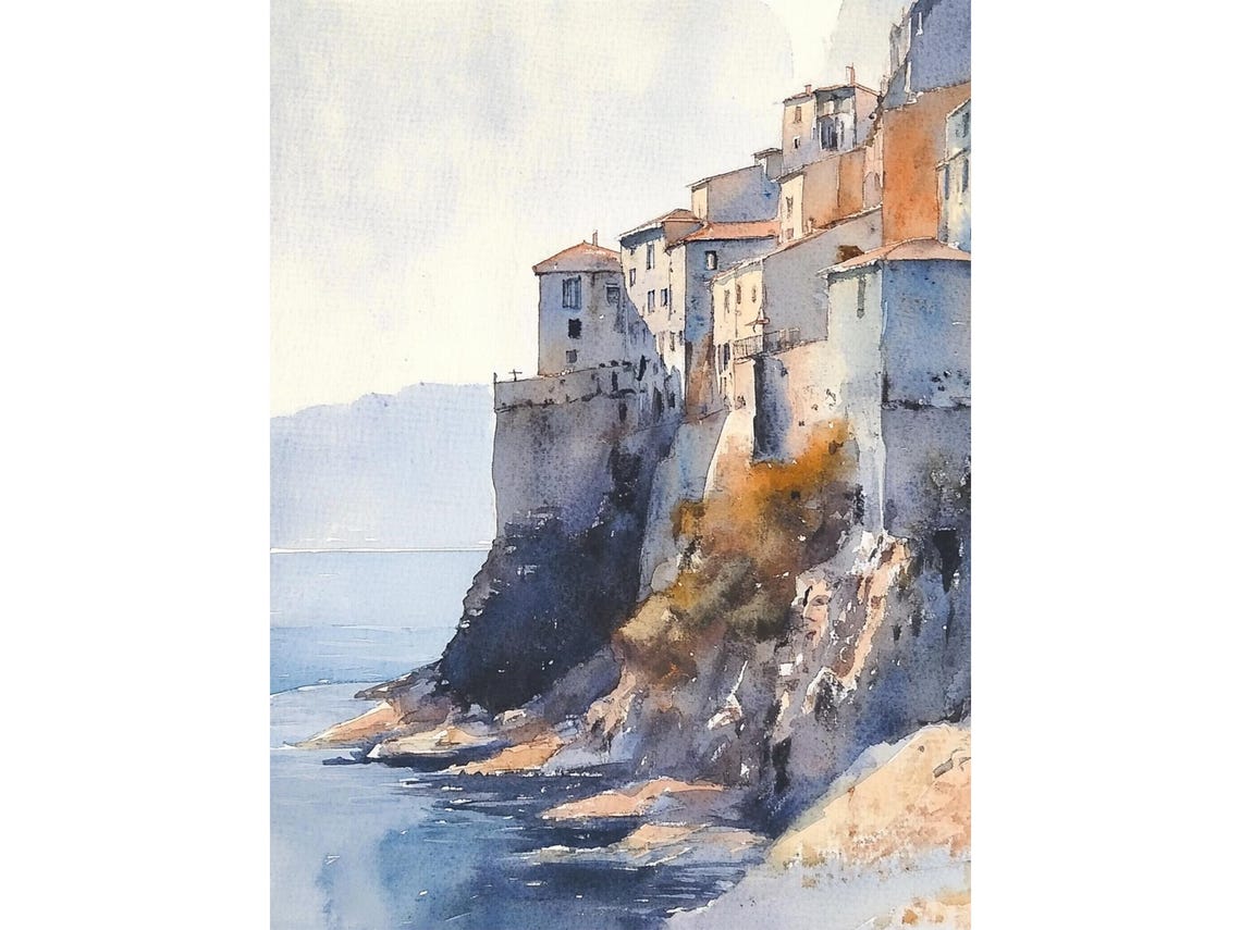 Sunlit Cliffside Village Overlooking the Mediterranean Coast Poster