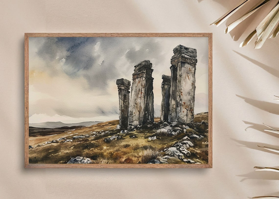 Ancient Stone Pillars Moor Ruins Dramatic Sky Watercolor Poster - Image 4