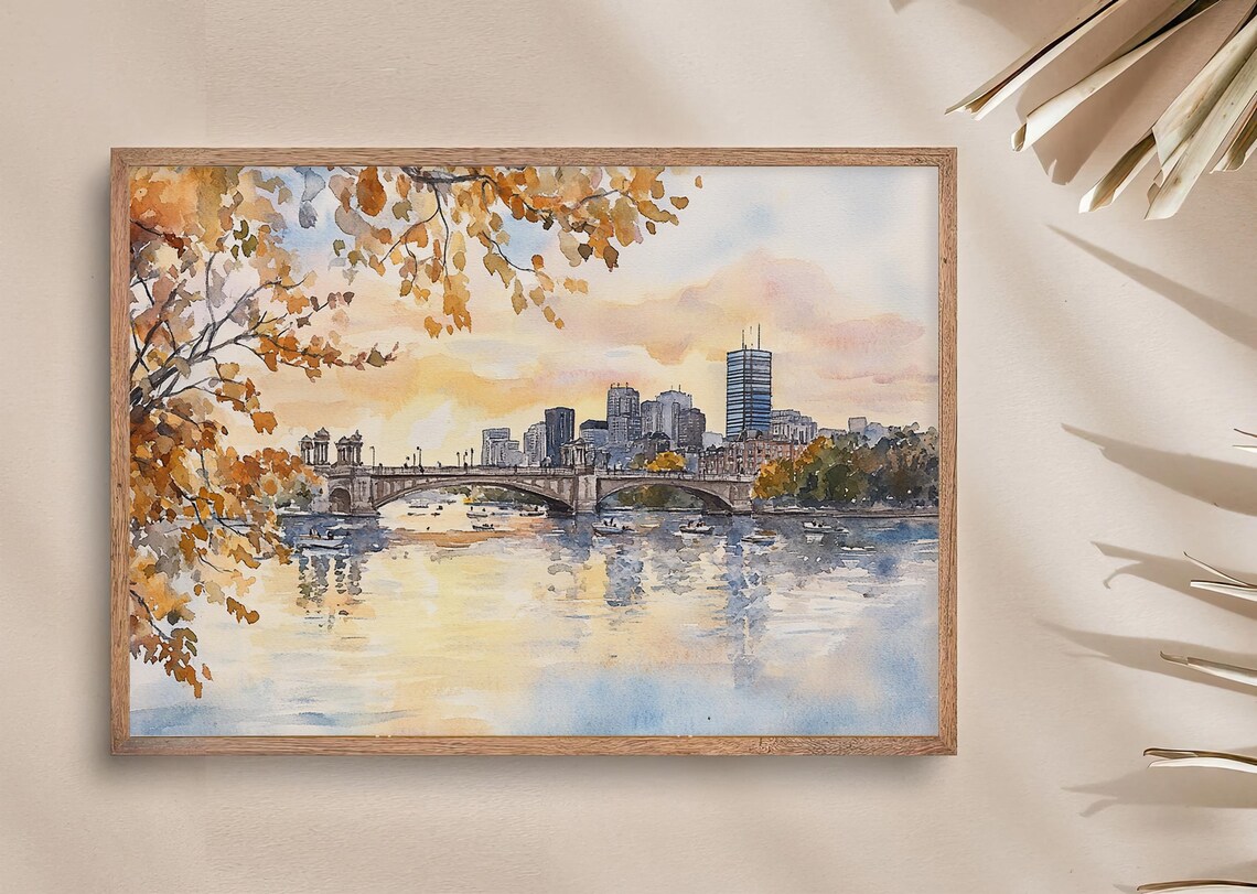 Charles River Boston Cityscape Watercolor Art Print - Image 3