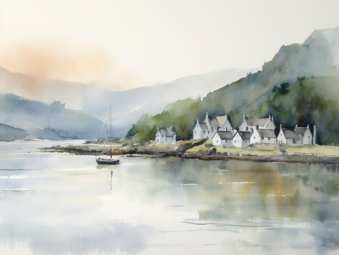 Plockton Watercolor Landscape Art Print, Scotland