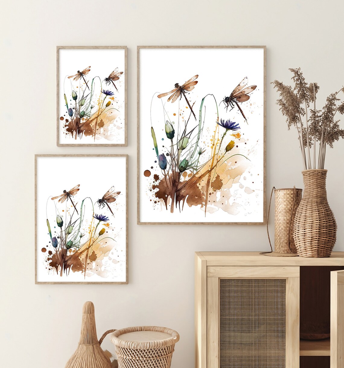 Cornflowers Painting Dragonfly Art Print, Neutral Meadow - Image 3