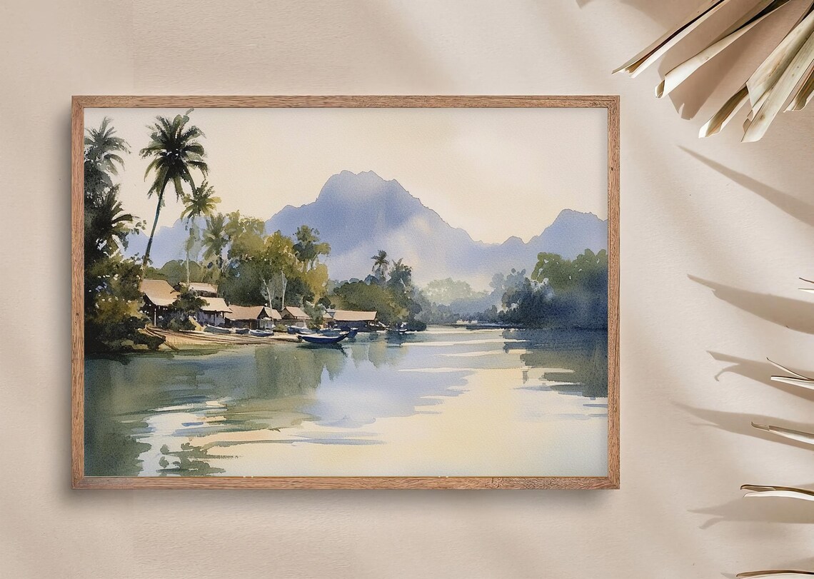 Tropical Riverside Village Palm Boats Mountain Watercolor Poster - Image 3