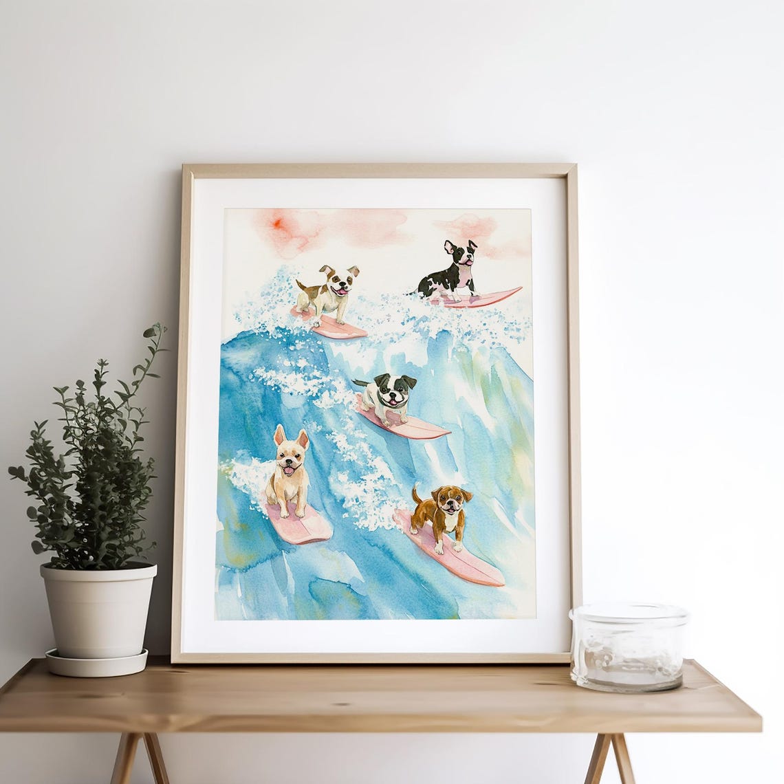 Five Happy Dogs Surfing Pink Boards on Big Ocean Waves Poster - Image 5