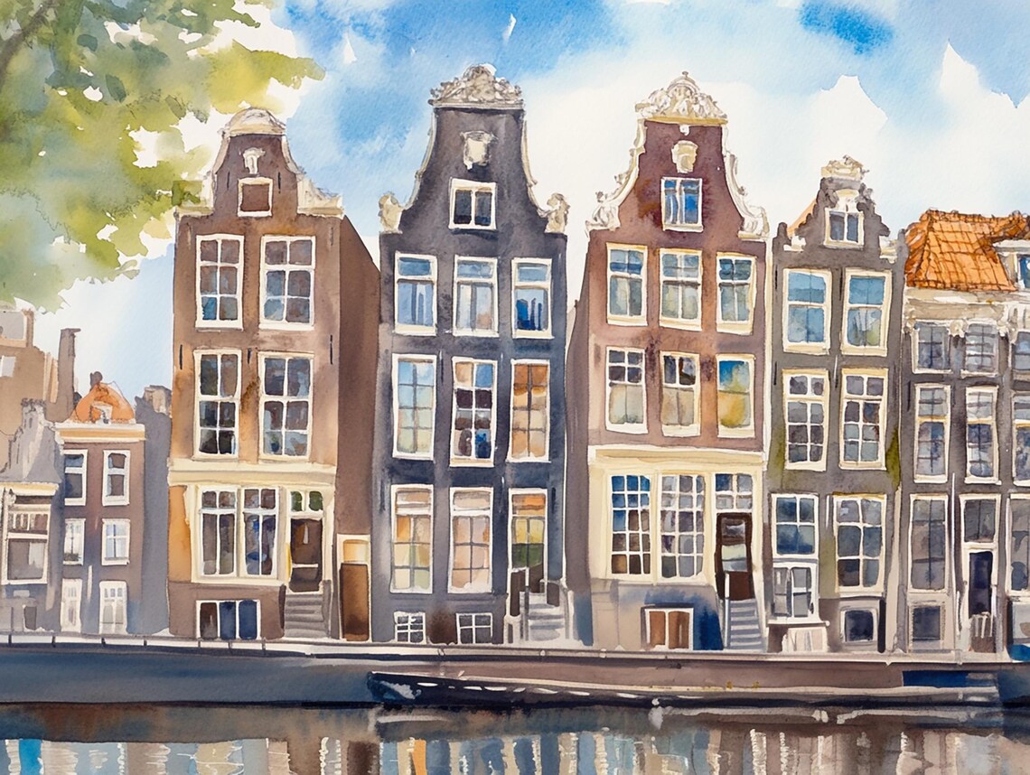 Amsterdam Painting Dutch Canal Houses Watercolor Art Print Cityscape Print Netherlands Illustration Travel Poster