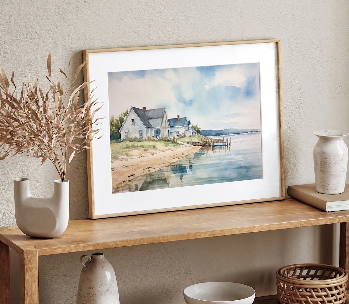 Cozy Lakeside Cottage with Wooden Dock on Still Water Poster - Image 5