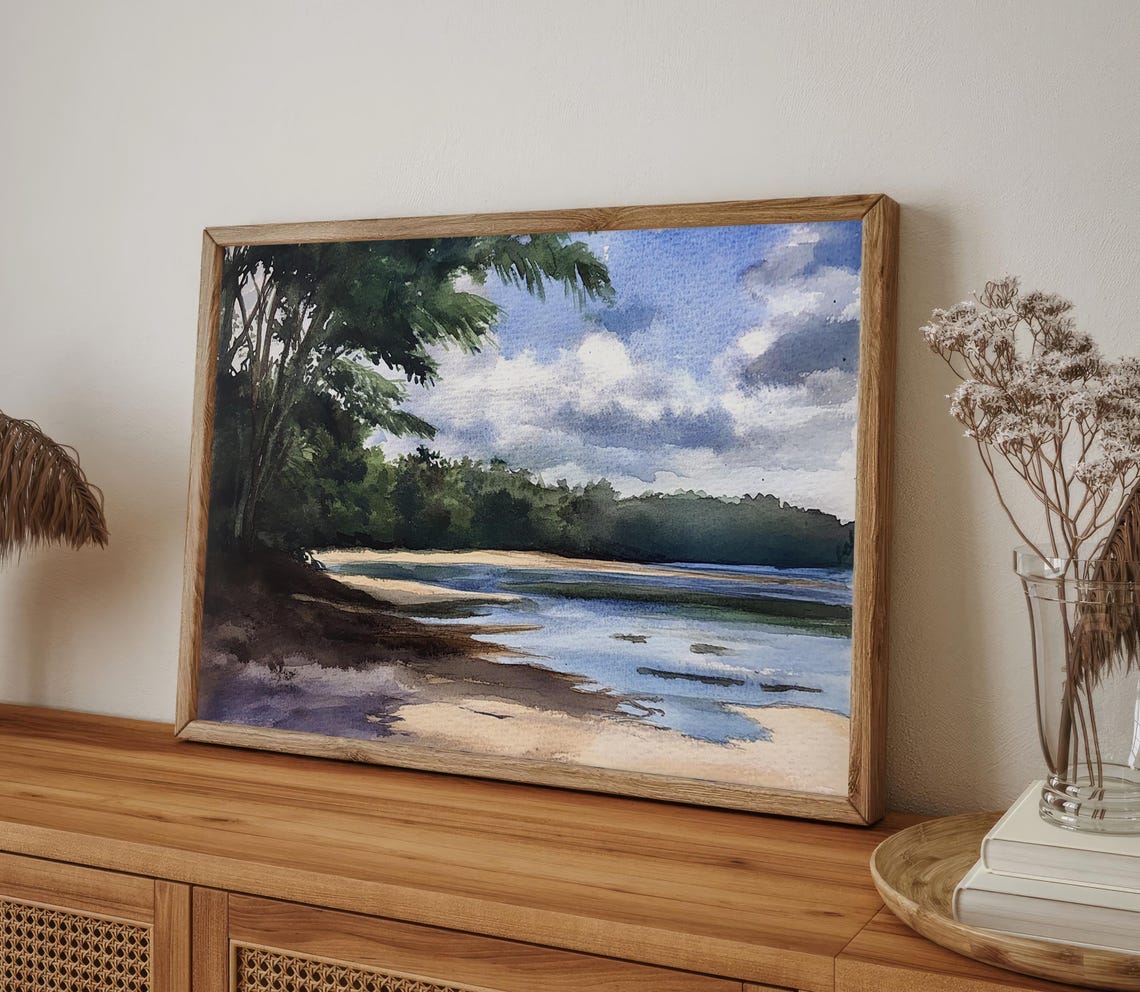 Tropical Beach Lagoon Watercolor Landscape Poster with Palm Trees - Image 4