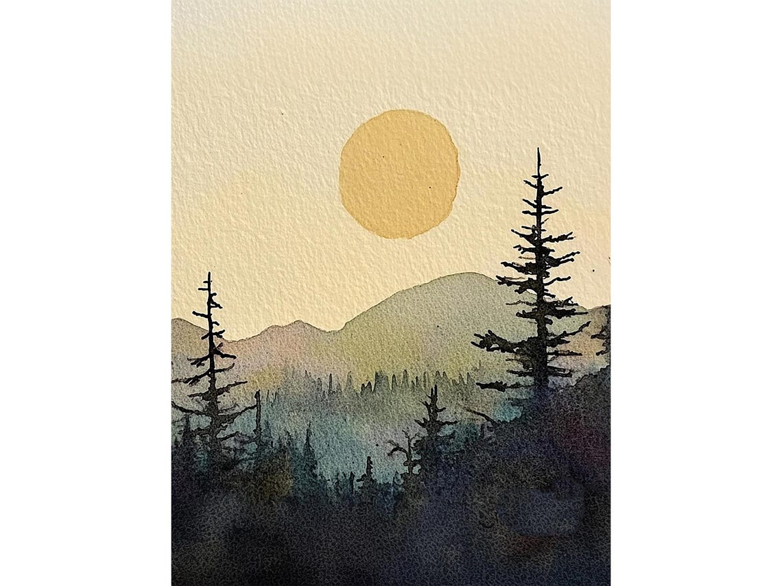 Golden Sun Over Misty Pine Mountains Silhouette Watercolor Dusk Poster