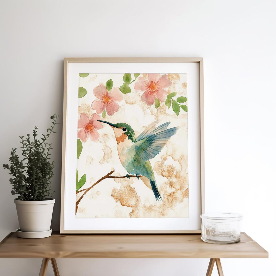 Hummingbird Perched Among Pink Blossoms Watercolor Bird Floral Poster - Image 4