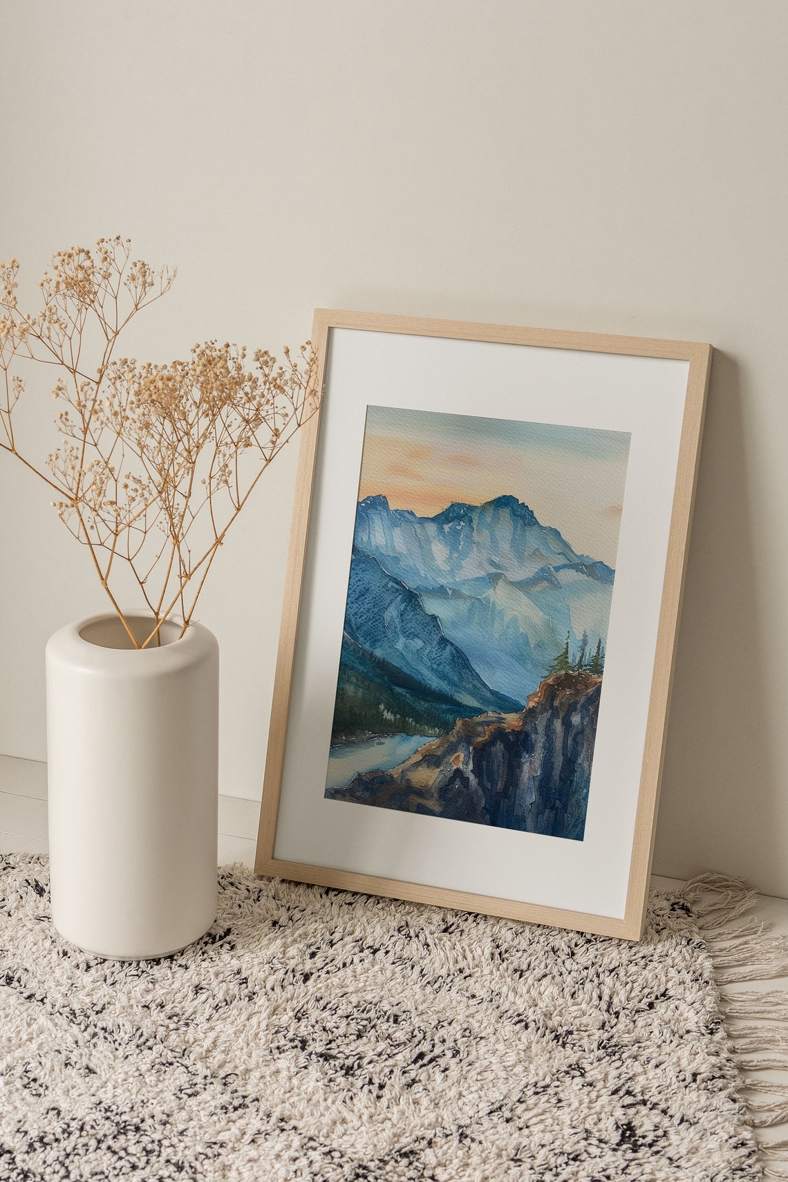 Blue Mountain Ranges Dawn Mist Rocky Cliff Watercolor Poster - Image 3