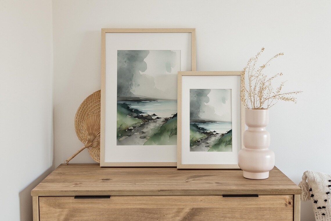 Giants Causeway Ireland Moody Coast Watercolor Seascape Poster - Image 4