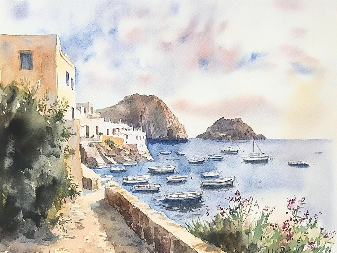 Panarea Island Watercolor Art Print, Italy Coast