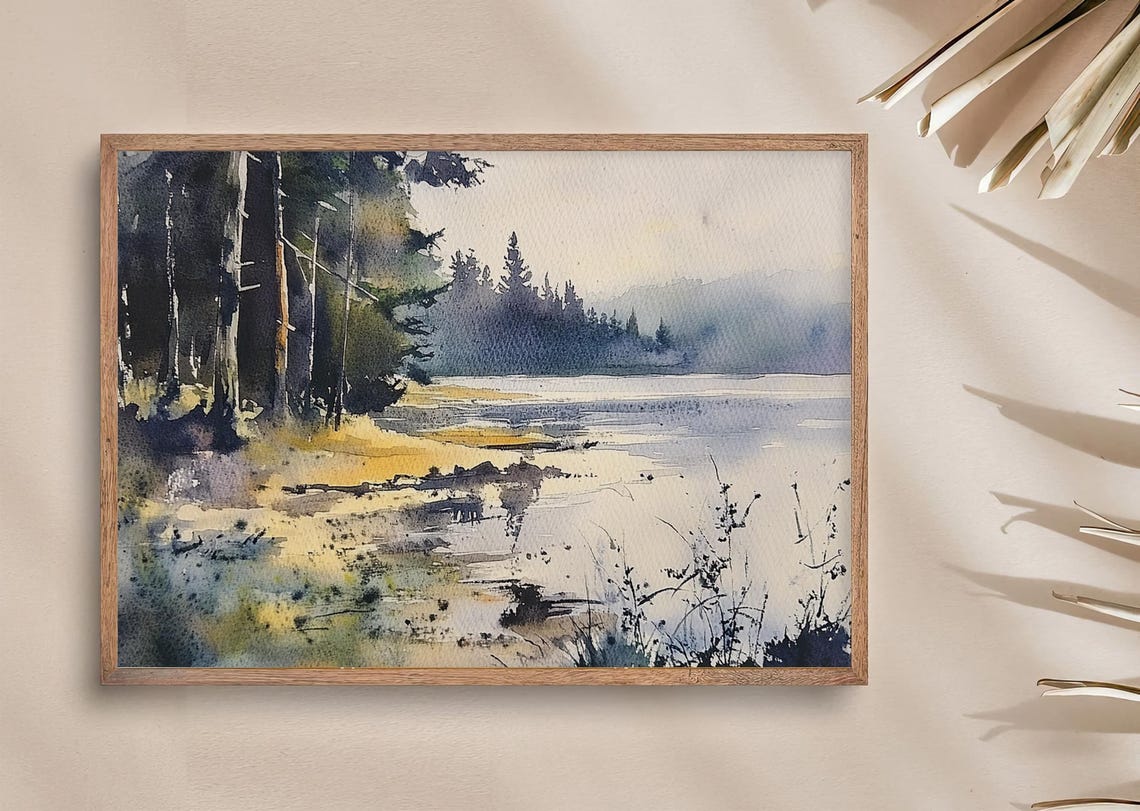 Misty Forest Shore Along a Still Mountain Lake Watercolor Poster - Image 3