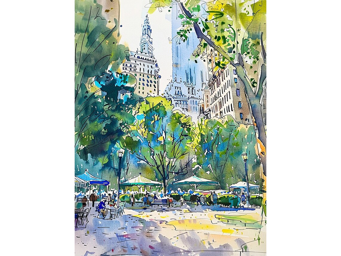 Bryant Park New York Cityscape Watercolor Art Print